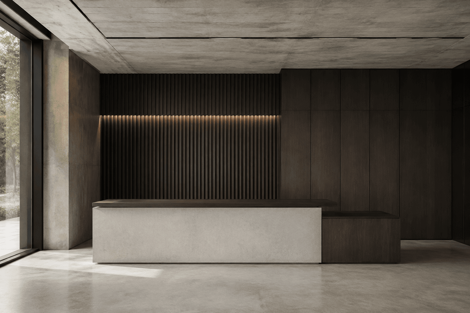 AI concept: commercial reception joinery with dark oak panels and a concrete counter