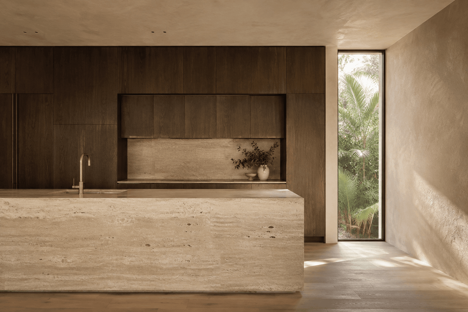 AI concept: smoked oak kitchen and a pale travertine island