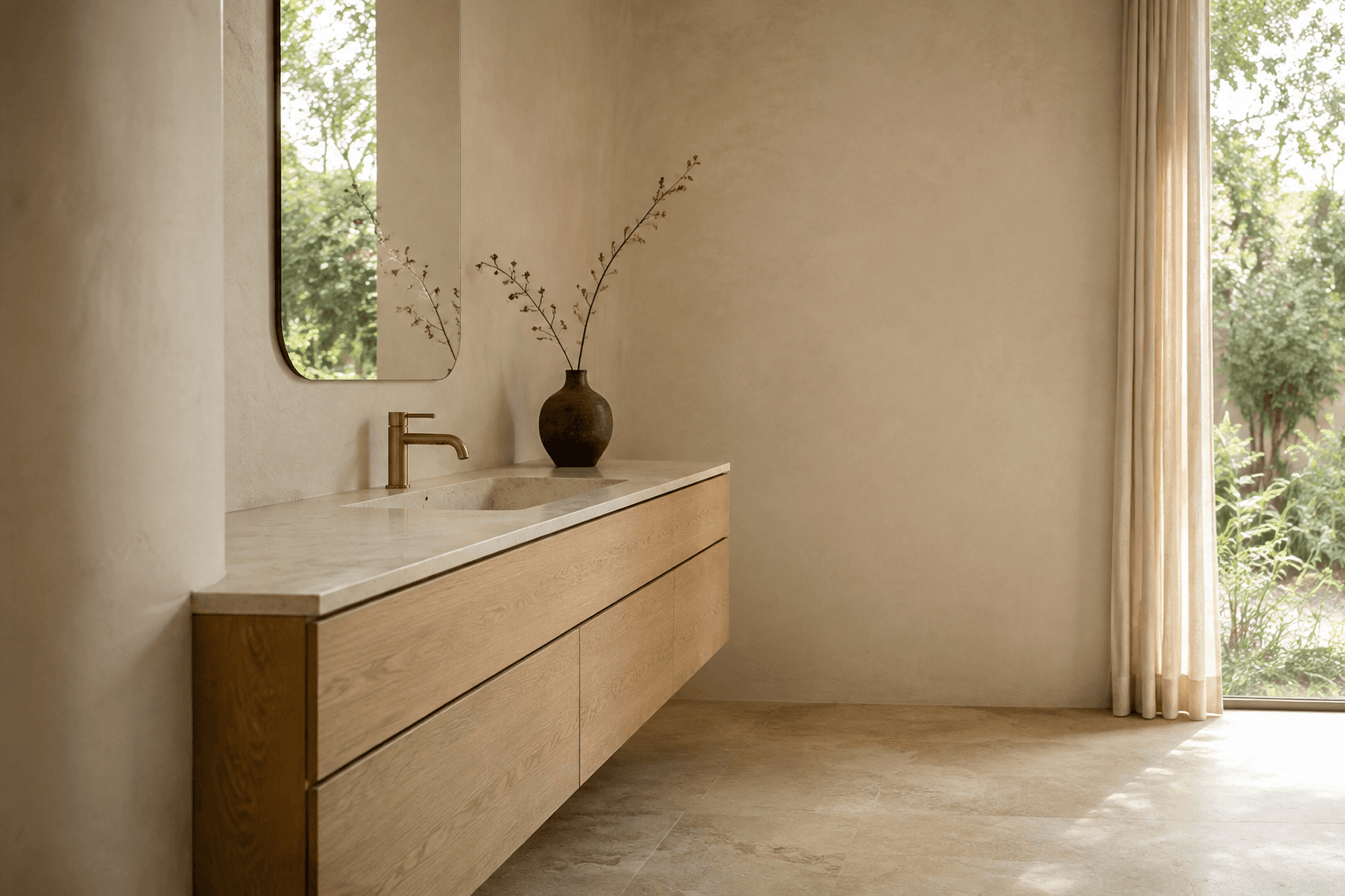 AI concept: natural oak vanity with pale stone, soft curtains and garden light