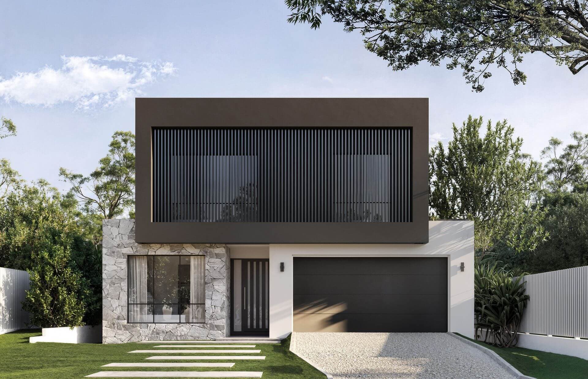 BESA architectural visualisation of the Calamvale residence with a dark upper facade and planted garden