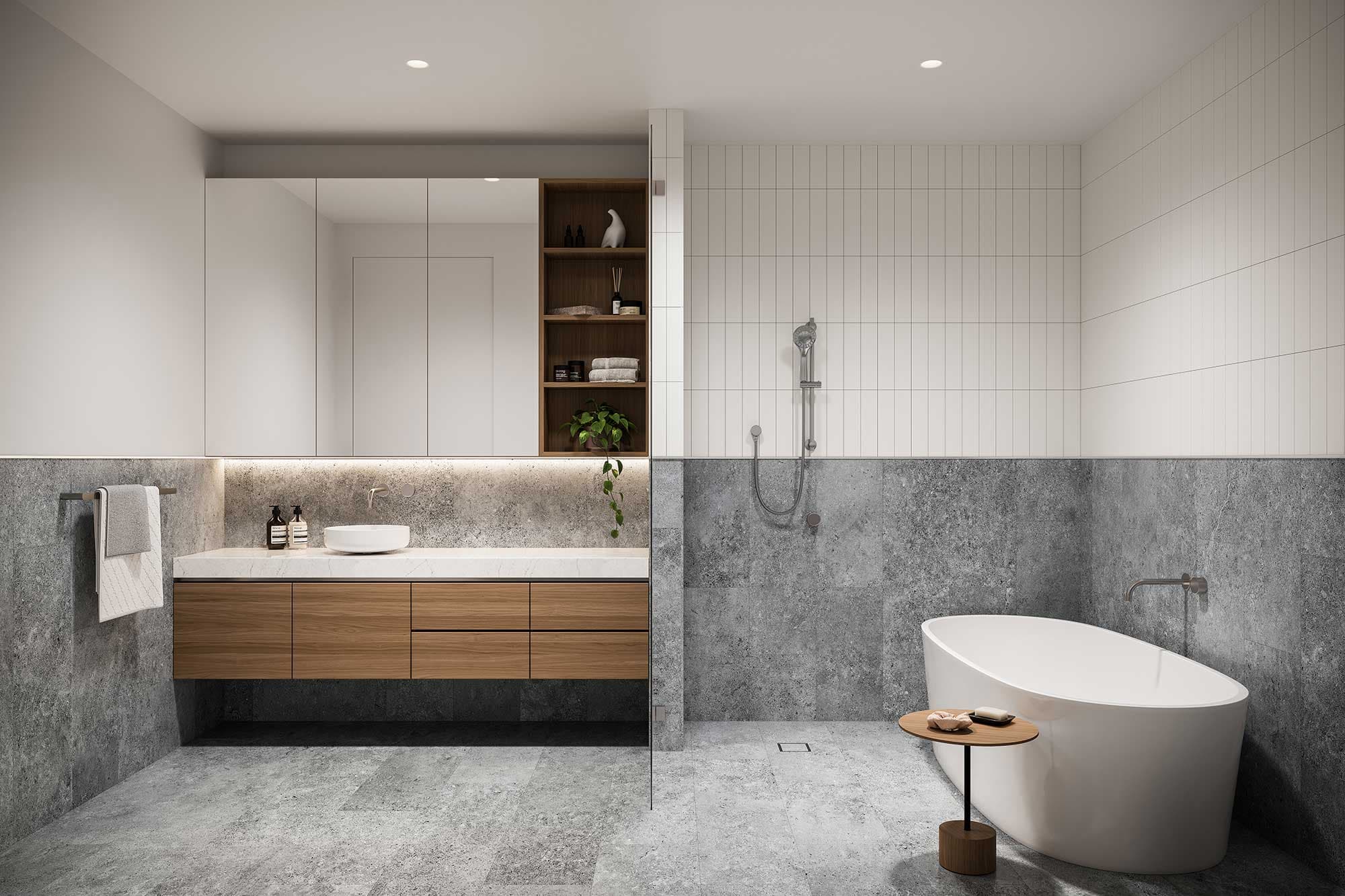 Developer visualisation of a Monument bathroom with vanity cabinetry and a freestanding bath