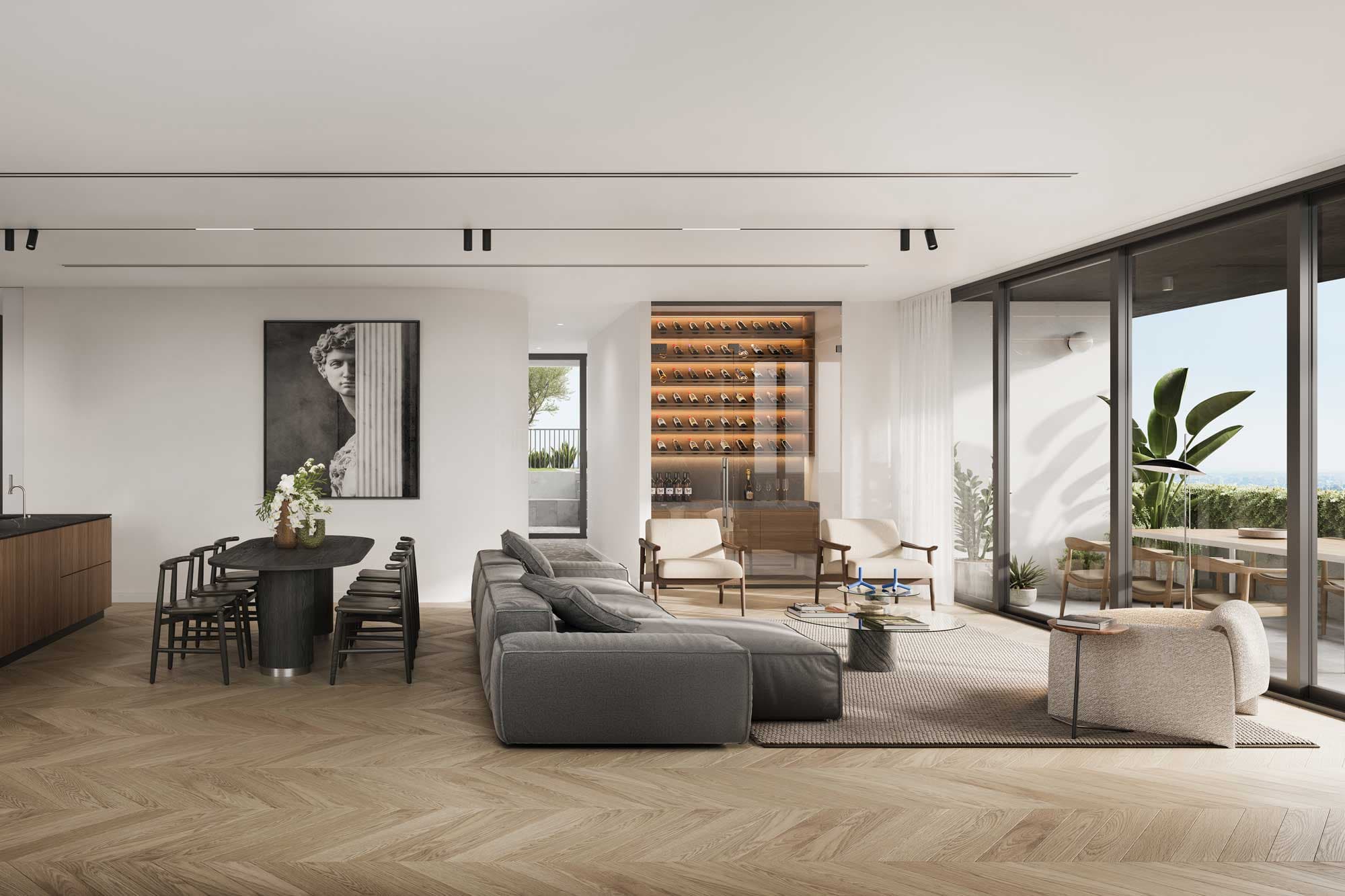 Developer visualisation of Monument’s living and kitchen spaces