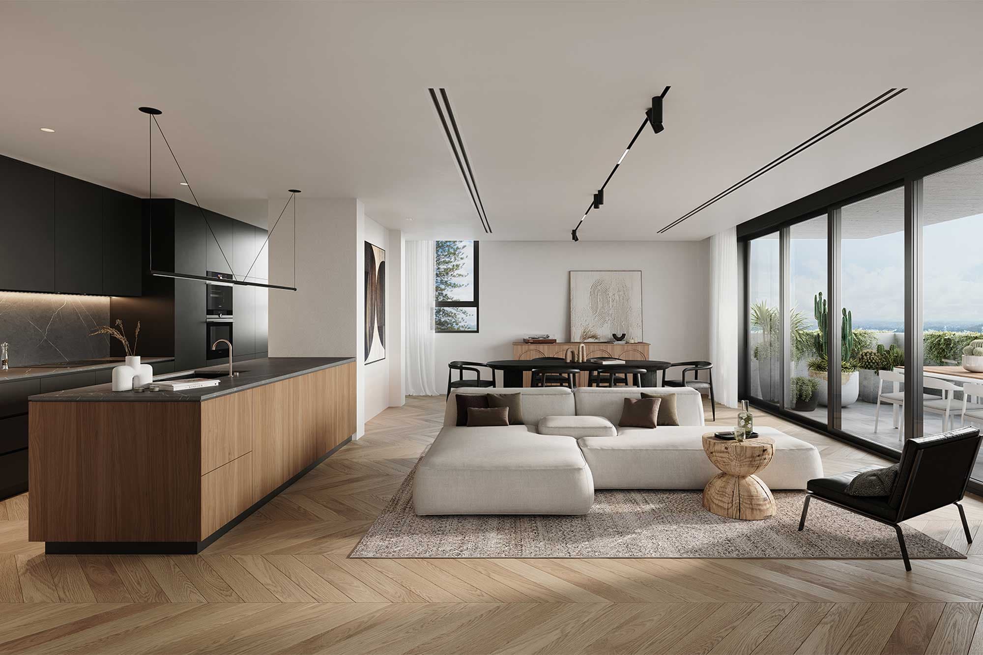 Developer visualisation of Monument: timber kitchen island and dark cabinetry opening onto a living space and balcony